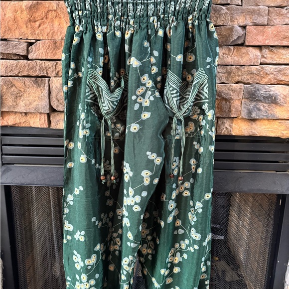Silk Blend Emerald Green Floral Joggers pull on wide leg pants made in India - Picture 4 of 8